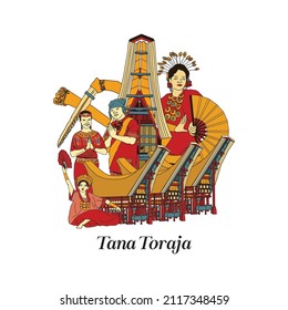 Set Torajan South Sulawesi Illustration. Hand drawn Indonesian cultures background