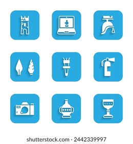 Set Torch flame, Ancient amphorae, Medieval goblet, Fire extinguisher, Photo camera, Stone age arrow head, Roman army helmet and Castle tower icon. Vector