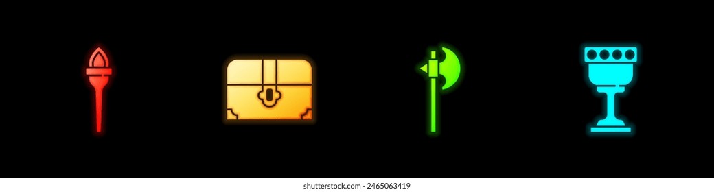 Set Torch flame, Antique treasure chest, Medieval axe and goblet icon. Vector
