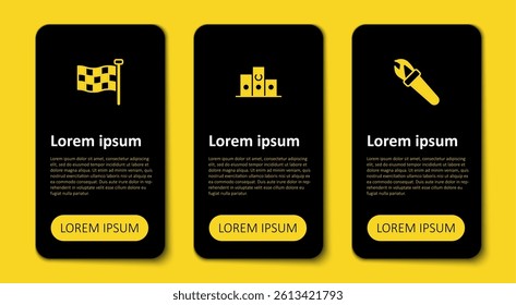 Set Torch flame, Award over sports winner podium and Checkered flag. Business infographic template. Vector