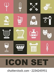 Set Torch flame, Comedy and tragedy masks, Gallows, Crossed arrows, Ancient amphorae, bust sculpture, Neptune Trident and Socrates icon. Vector