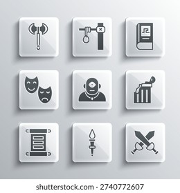 Set Torch flame, Crossed medieval sword, Broken ancient column, Cyclops, Decree, parchment, scroll, Comedy and tragedy masks, Medieval axe and Greek history book icon. Vector