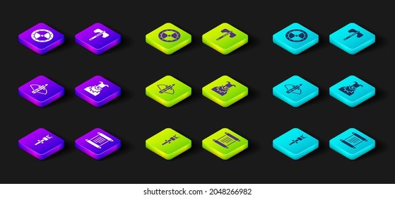 Poner llama de antorcha, Decreto, pergamino, pergamino, Battle cross bow con flecha, Joker head, Medieval ax y Round wood shield icono. Vector