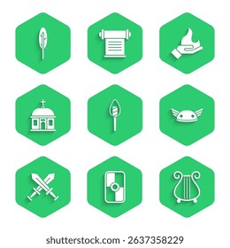 Set Torch flame, Greek shield, Ancient lyre, Helmet with wings, Crossed medieval sword, Santorini building, Hand holding fire and Feather pen icon. Vector