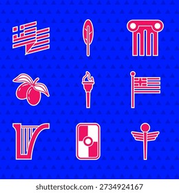 Set Torch flame, Greek shield, Caduceus snake medical, Greece national flag, Harp, Olives branch, Ancient column and  icon. Vector