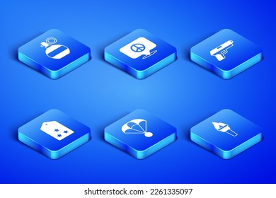 Set Torch flame, Hand grenade, Parachute, Military rank, Location peace and Pistol gun icon. Vector