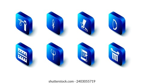 Set Torch flame, Hermes sandal, Medieval bow, Ancient column, Decree, parchment, scroll, Neptune Trident, Greek pattern and Gallows icon. Vector