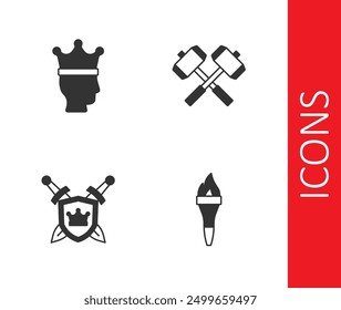 Llama de la antorcha, corona del rey, escudo con espadas e icono de martillos de batalla cruzados. Vector