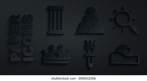 Set Torch flame, Magnifying glass, King crown, Human skull, Rock stones and Ancient column icon. Vector