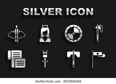 Set Torch flame, Medieval axe, flag, Decree, parchment, scroll, Round wooden shield, Battle crossbow with arrow and Princess icon. Vector