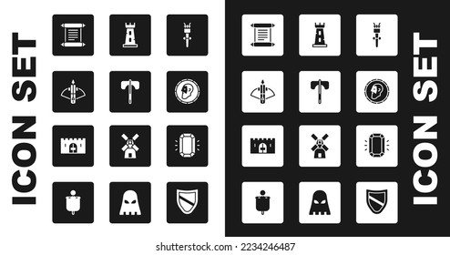 Die Torchflamme, die mittelalterliche Axt, der Gefechtsbogen mit Pfeil, Dekret, Pergament, Scroll, alte Münze, Schlossturm, Diamant und Schlosstor-Ikone. Vektorgrafik
