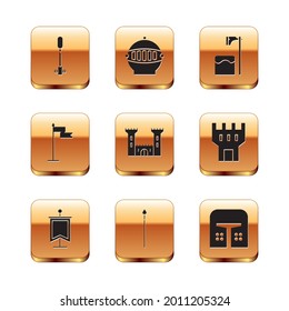 Set Torch flame, Medieval flag, spear, Castle, Executioner axe in tree block, iron helmet and  icon. Vector