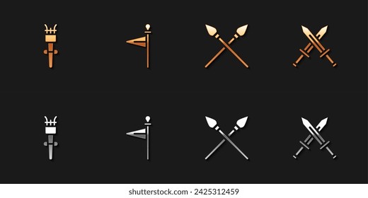 Llama de antorcha, bandera medieval, lanzas medievales cruzadas e icono de espada. Vector