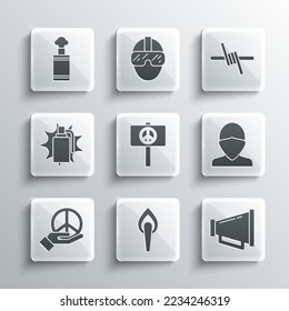 Set Torch flame, Megaphone, Vandal, Peace, Hand grenade,  and Barbed wire icon. Vector