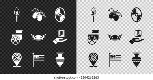 Set Torch flame, Olives branch, Greek shield, Minotaur labyrinth, Greece national flag, Ancient amphorae, chariot and Helmet with wings icon. Vector