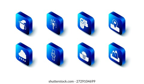 Set Torch flame, Paper towel roll, Location for camping, Mountains, Sunrise, Wrist watch, Cloud with rain and Cup of tea icon. Vector