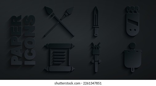 Set Torch flame, Quiver with arrows, Decree, parchment, scroll, Medieval flag, sword and Crossed medieval spears icon. Vector