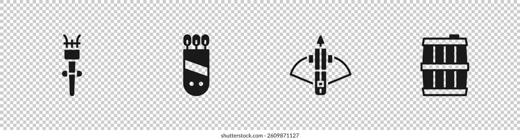 Set Torch flame, Quiver with arrows, Battle crossbow and Wooden barrel icon. Vector