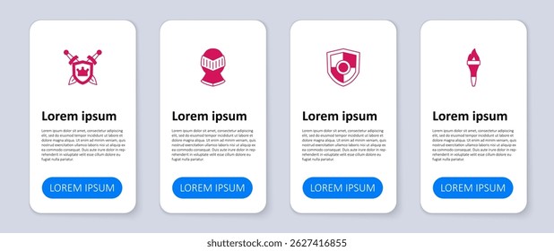 Conjunto de antorcha de llama, escudo, casco medieval y con espadas. Plantilla de infografía de negocios. Vector