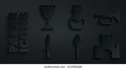 Set Torch flame, Trumpet, Dagger, Castle, fortress, Poison in bottle and Medieval goblet icon. Vector
