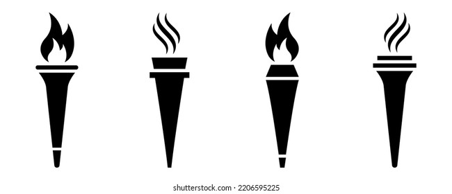 Set of torch and flame vector icons. Torch and fire black silhouette. Vector 