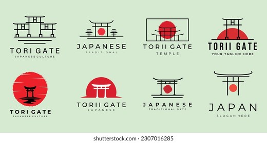 set of torii gate logo vintage and line art vector illustration template icon design. bundle collection of various torii emblem japanese culture label