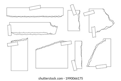 Conjunto de papel de contorno negro roto de diferentes formas con cinta adhesiva. Esquema de plantillas de papel rotas en blanco con borde desdibujado para desguaces, recordatorio, nota. Hoja de notas para la libreta de recortes. Ilustración del vector