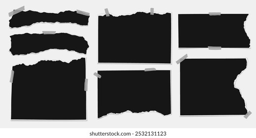 Set of torn black note paper pieces with sticky tape are on transparent background for text, notes or ad.