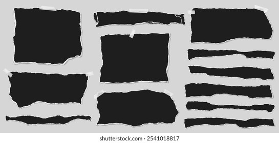 Set of torn black note paper pieces with sticky tape are on transparent background for text, notes or ad.