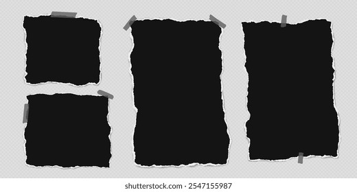 Set of torn black note paper pieces with sticky tape are on transparent background for text, notes or ad. Vector illustration.