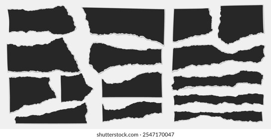 Set of torn black note paper pieces with soft shadow are on white background for text or ad.