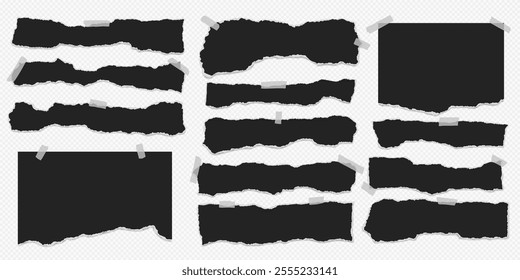 Set of torn black note paper pieces with sticky tape are on transparent background for text, notes or ad.