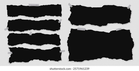 Set of torn black note paper pieces with sticky tape are on transparent background for text, notes or ad.
