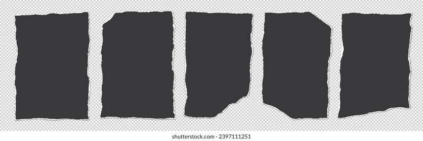 Set of torn black notebook paper pieces, sheets stuck on light grey background for text or ad.