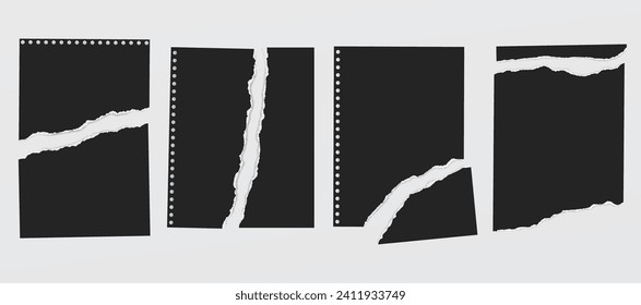 Set of torn black notebook paper pieces, sheets stuck on light grey background for text or ad.