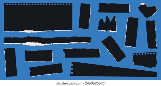A set of torn black paper pieces. Elements for collage or scrapbooking elements. Vector illustrations isolated on a red background.