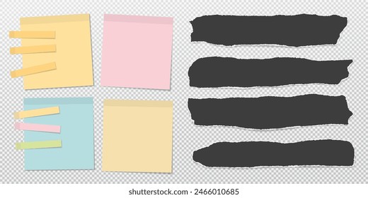 Set of torn black paper pieces, colorful notes are on white squared background for text or ad.