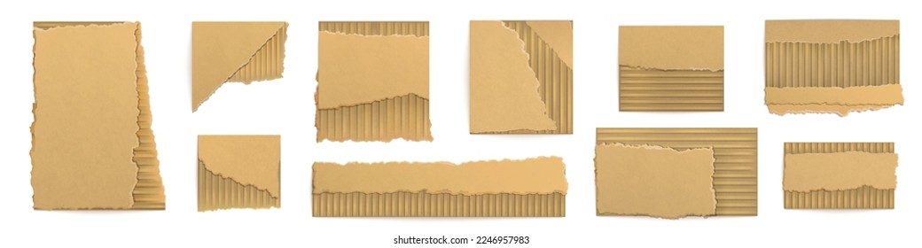 Set of torn brown cardboard pieces isolated on white background. Realictic vector illustration of ripped craft paper or carton with uneven edges and damaged texture. Scrap material for recycling - Shutterstock ID 2246957983