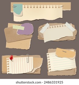 A set of torn cardboard cutouts with notebook sheets with uneven edges, secured with adhesive tape and staples. Realistic layout elements for creative design presented on an isolated background.