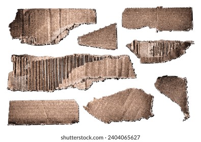 A set of torn cardboard, parts from a cardboard box with corrugation. Fashionable elements for collage with halftone effect.