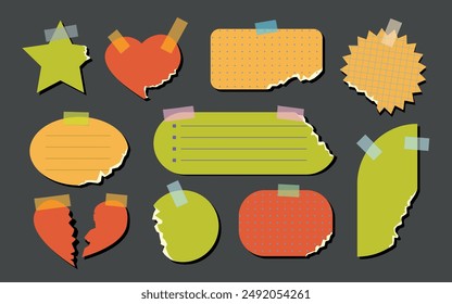 Set of torn color paper, notebook sheets and sticky notes attached with scotch tape. Ready for your message. Isolated background. Vector illustration. Front view. Trendy elements for scrapbook