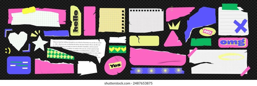 Set of Torn colored Paper and notebooks cut for Collage. Vector Ripped Stickers of various shapes and sizes. Modern Plastic labels, Scrapbook edges with pattern on an isolated background. 