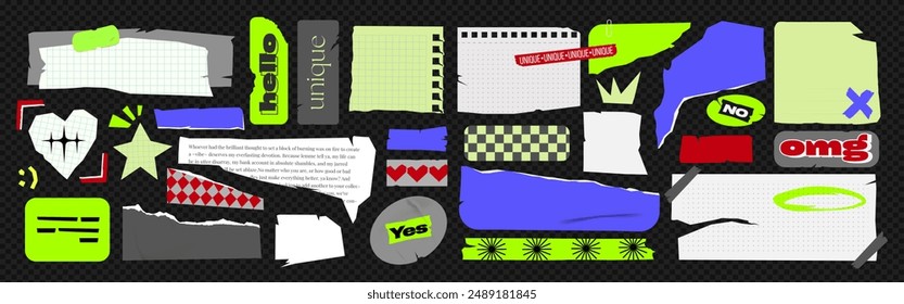 Set of Torn colored Paper and notebooks cut for Collage. Vector Ripped Stickers of various shapes and sizes. Modern Plastic labels, Scrapbook edges with pattern on an isolated background. Retro