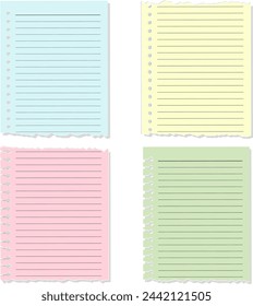 Set of Torn Colorful Loose Leaf Notebook Paper Sheets Vector Illustration