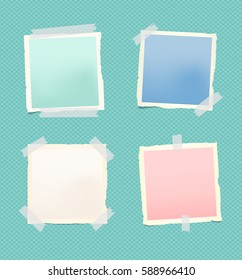Set of torn colorful notepad paper sheet with frame stuck on squared pattern