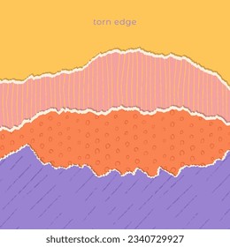 Set of torn colorful paper backgrounds, notebook paper strips and pieces stuck with textured decor. Vector rough hand drawn illustration