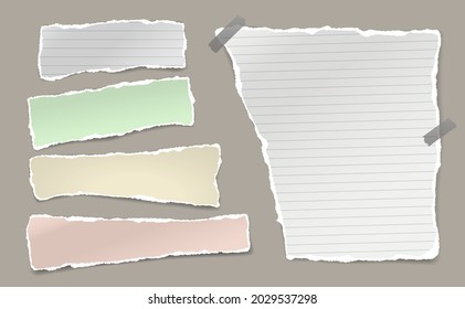Set of torn colourful and white, lined note, notebook paper stripes are on brown background for text, advertising or design. Vector illustration