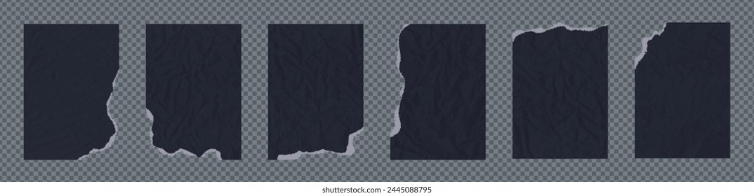 Set of torn and crumple paper pieces. Black grunge jagged vertical rectangle frames. Ripped shapes silhouettes isolated on png background. Vector torn paper sheet for sticker, collage, banner.