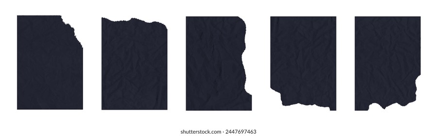 Set of torn and crumple paper pieces. Black grunge jagged vertical rectangle frames. Vector torn paper sheet for sticker, collage, banner. Ripped shapes silhouettes isolated on white background.