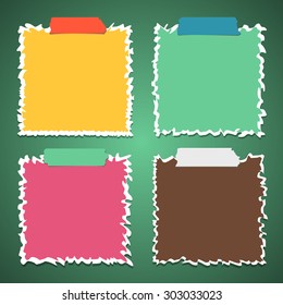 Set of torn crumpled colorful note paper with adhesive, sticky tape on green background